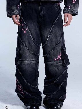 Unpractical Sakura Black Denim Pants with Pink Detail | Size L